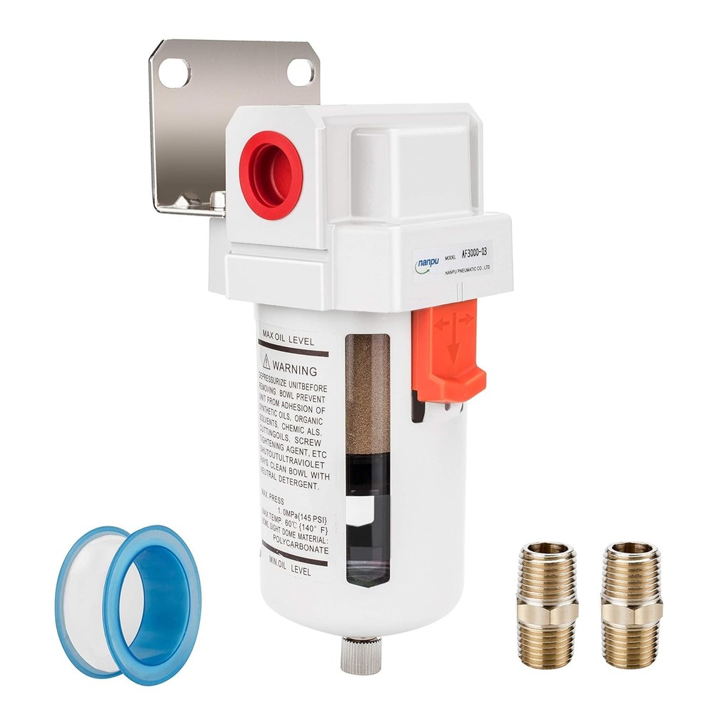 3/8" NPT Compressed Air Line Filter, 5 Micron Brass Element, Bracket, Poly Bo...