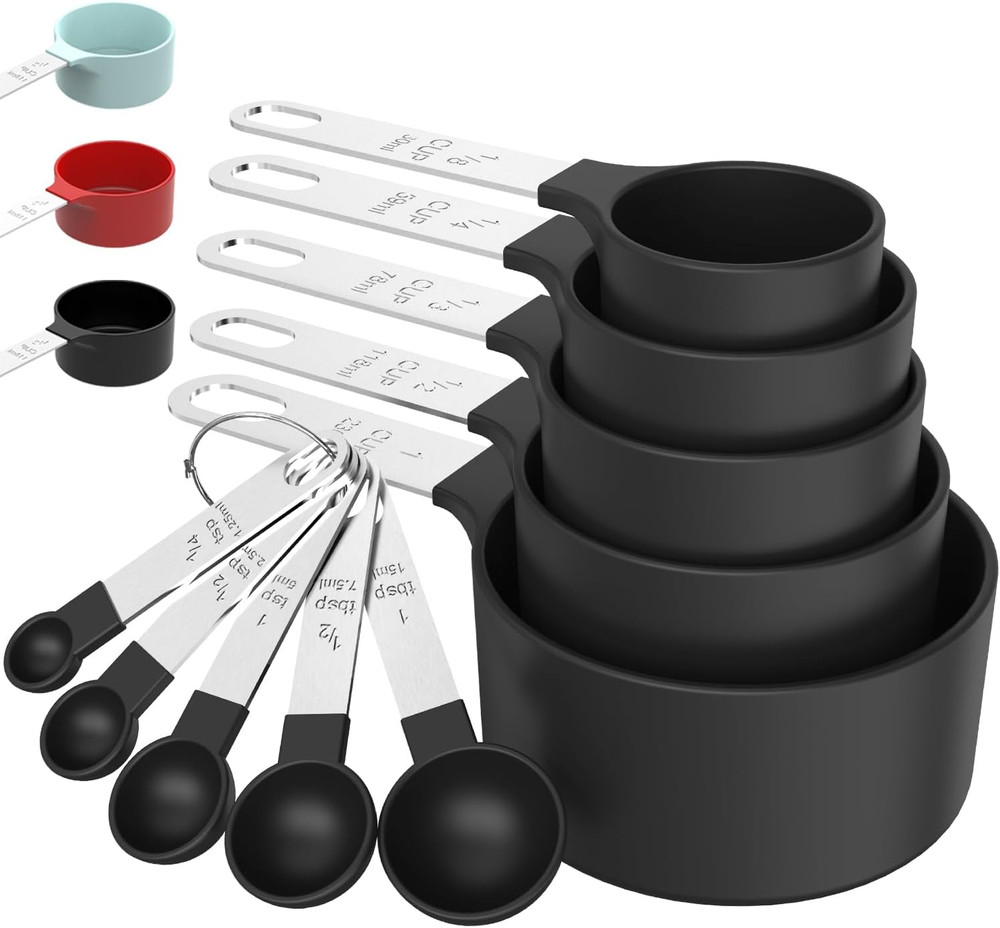 Measuring Cups & Spoons Set Stackable Nesting Stainless Handle Black