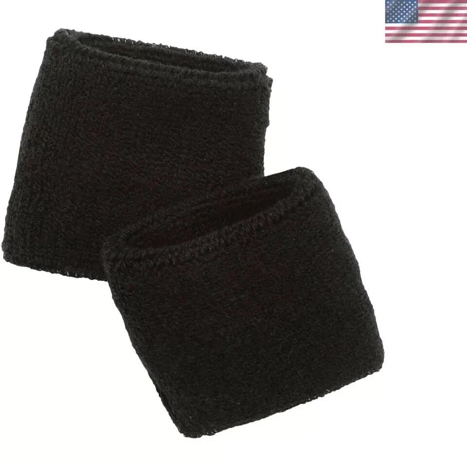 Black Wrist Sweat Bands Cotton Terry Absorbent Elastic Protective Band Black New