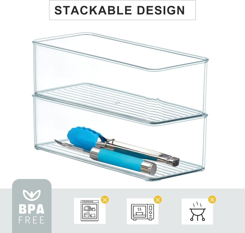 8 Pack Clear Plastic Drawer Organizer Bins Set Stackable Cutlery Storage Bins