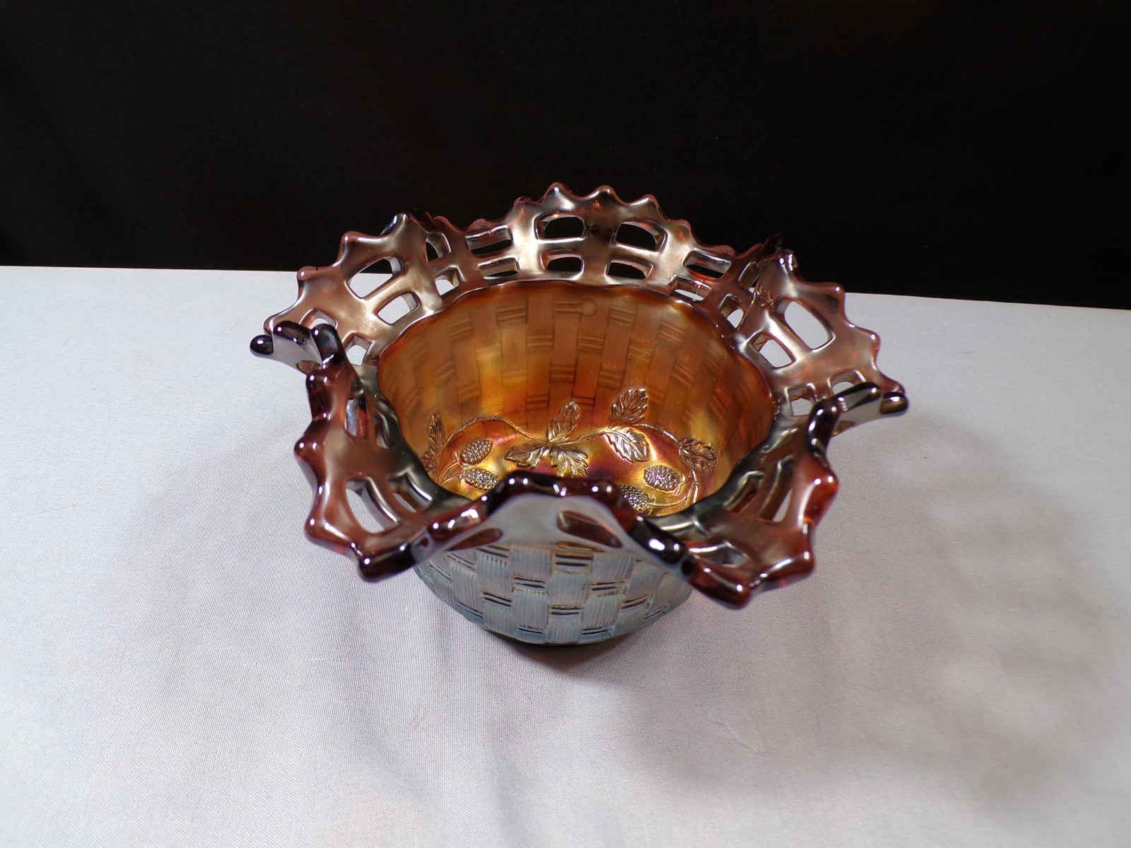 Fenton Amethyst Purple Carnival Glass Basketweave Bowl w/ Blackberry Interior