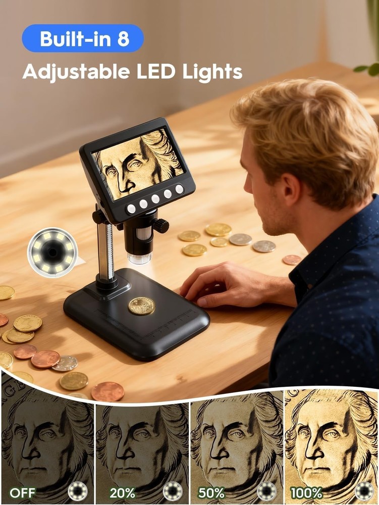 Coin Microscope, 4.3" LCD USB Digital Microscope 1000X Coin Magnifier with 8 ...