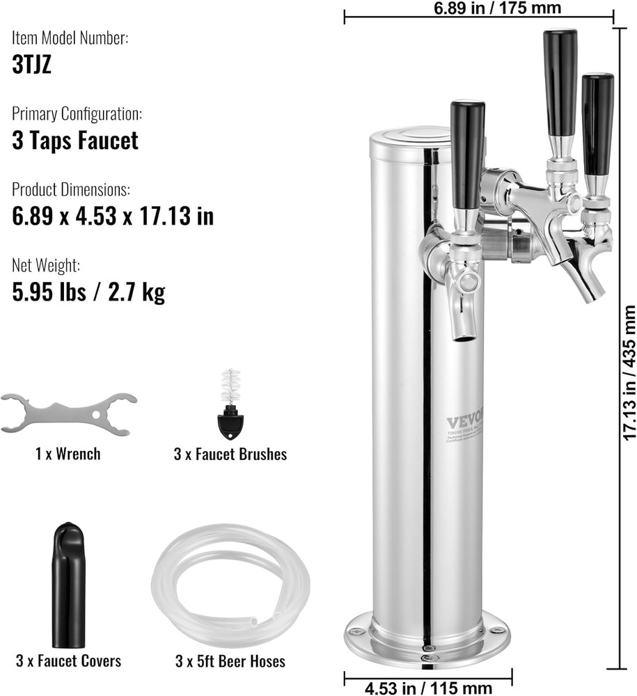 VEVOR Triple Taps Draft Beer Tower Dispenser, Stainless Taps, Silver