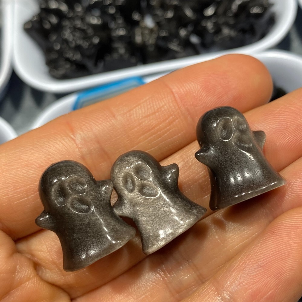 Natural silver obsidian Quartz mini ghost hand carved  crystal healing 3PC