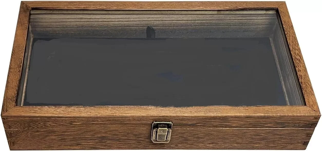 Gun Display Case Brown Wood Handgun Pistol Revolver Glass Lock Knife Shadow Box