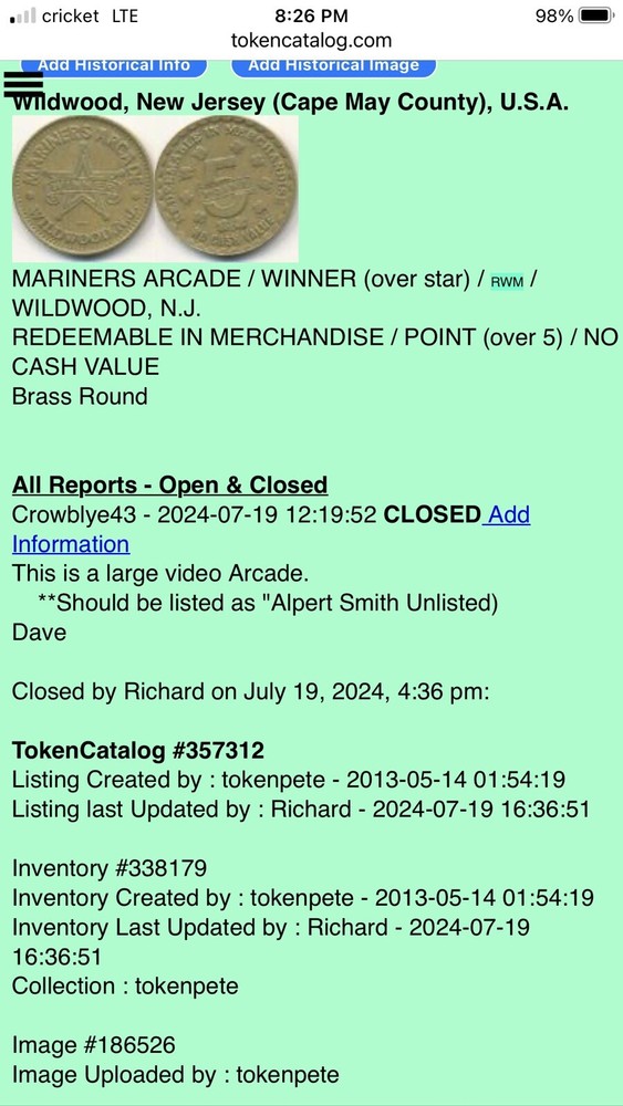 Arcade Token - Mariners Arcade - Wildwood, New Jersey