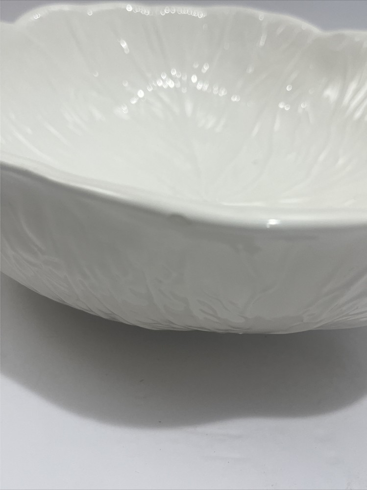 White Cabbage Leaf Ceramic Serving Bowl Hand Painted 12” D