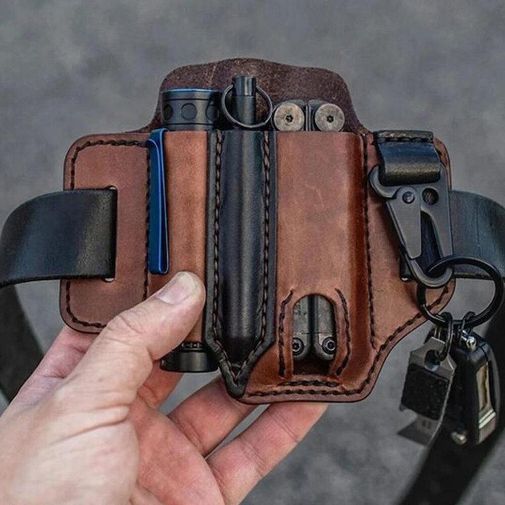 Multitool Flashlight Sheath Belt Leather EDC Pocket Organizer Pen Key Holder