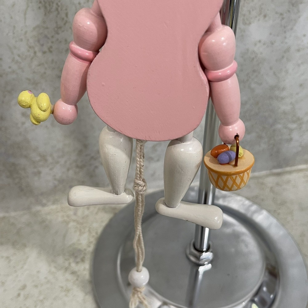 Vintage Wooden Easter Rabbit Bunny Pull-String Toy Jumping Puppet 7.5” H