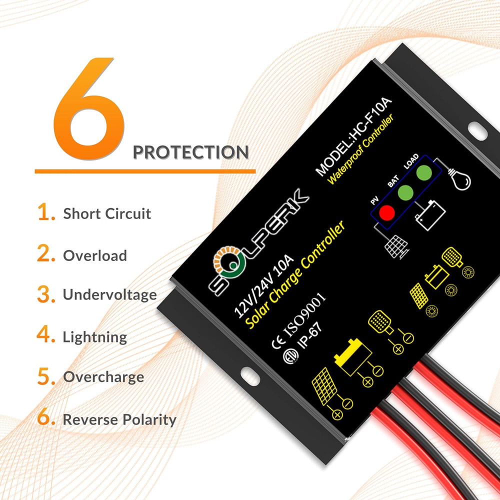 10A Solar Charge Controller Waterproof Solar Panel Controller 12V/24V PWM Solar