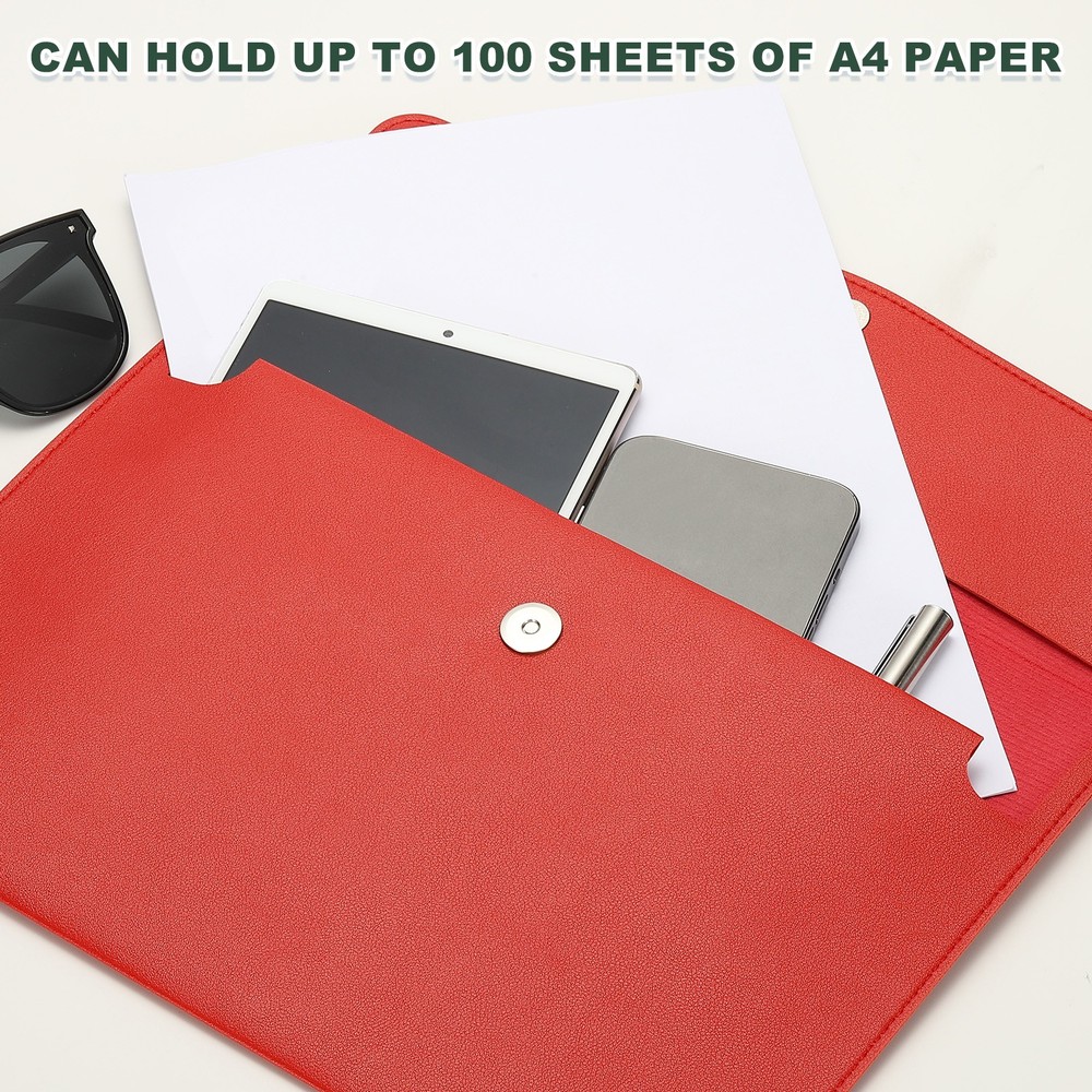PU Leather A4 File Folder, Document Holder Filing Organizer Style 2, Red