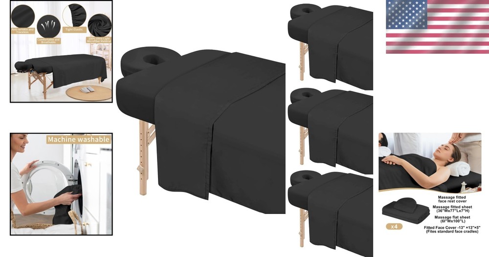Durable Black Microfiber Massage Table Cover Set - 4 Sets, Washable & Reusable