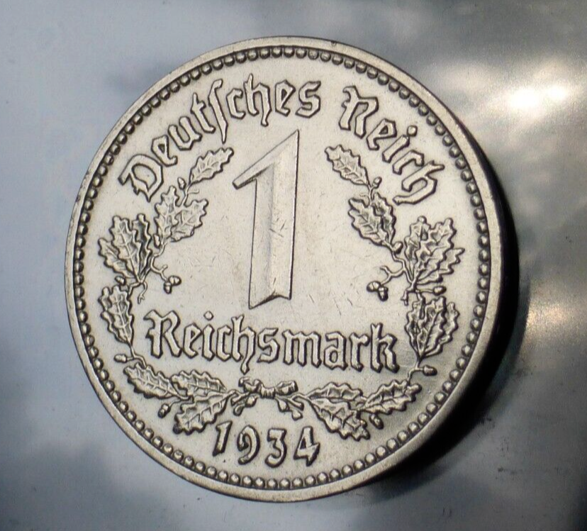Beautiful 1 Reichsmark Nazi Coin: Genuine Nickel Third Reich WW2 Germany Mark