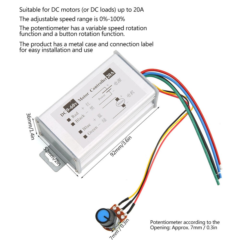 Motor Speed Controller Switch Potentiometer PWM VariableSpeed 20A 9V12V24V48V60V