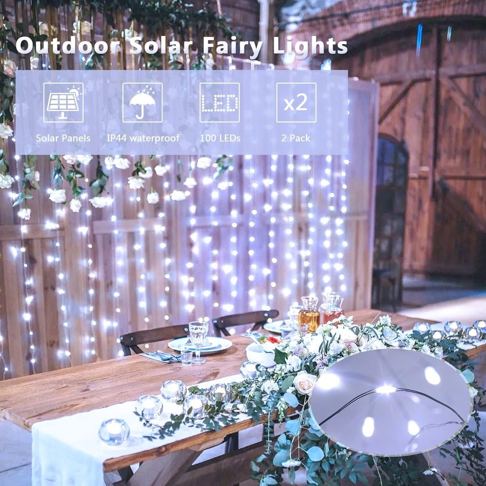 2 Pack Waterproof Solar String Lights 33FT 100 LED White for Yard Garden