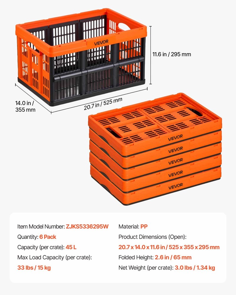 VEVOR Plastic Collapsible Storage Bins 45L 6 Packs Stackable Fold Storage Crates