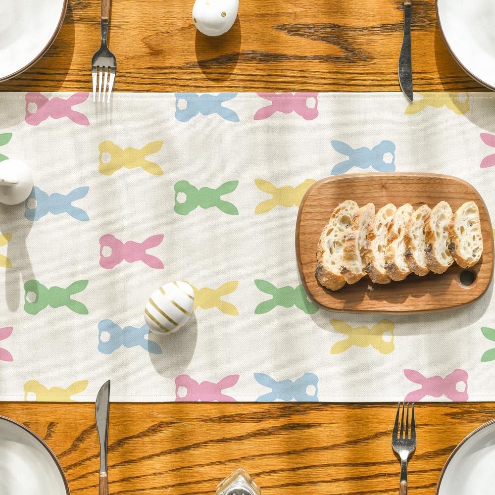Artoid Mode Green Pink Bunny Rabbit Easter Table Runner, Spring Kitchen Dining T