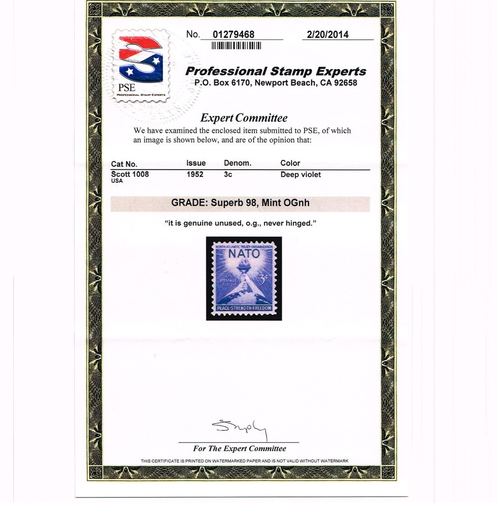 EXCEPTIONAL GENUINE SCOTT #1008 MINT PRISTINE OG NH PSE CERT GRADED SUPERB 98