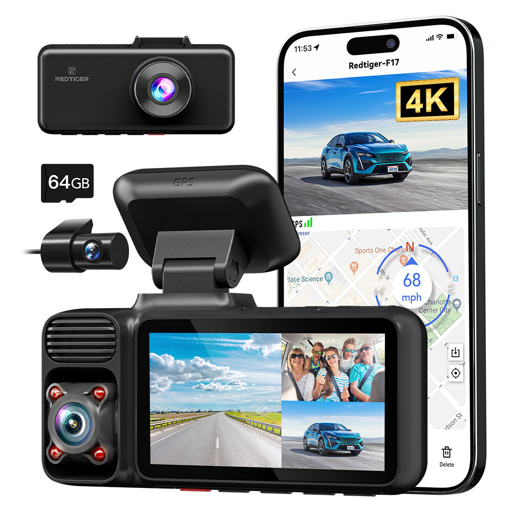 REDTIGER 4K F17N 3 Channel Dash Cam 5G WiFi Front Rear Inside Free 64GB SD Card