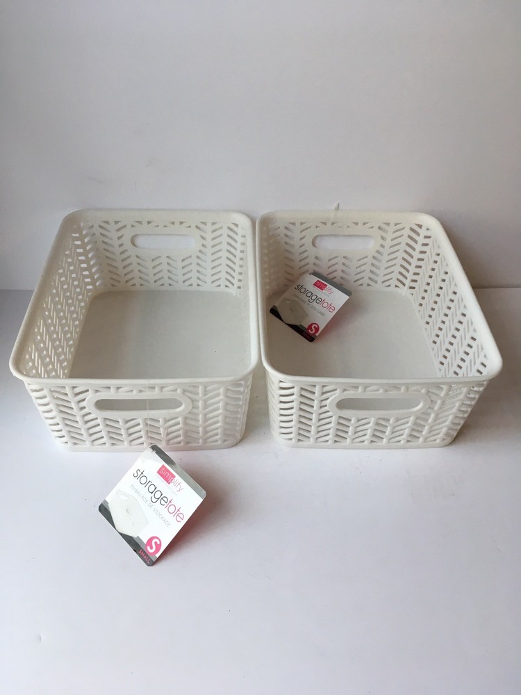 Simplify White Herringbone Small Storage Tote- Set of 2