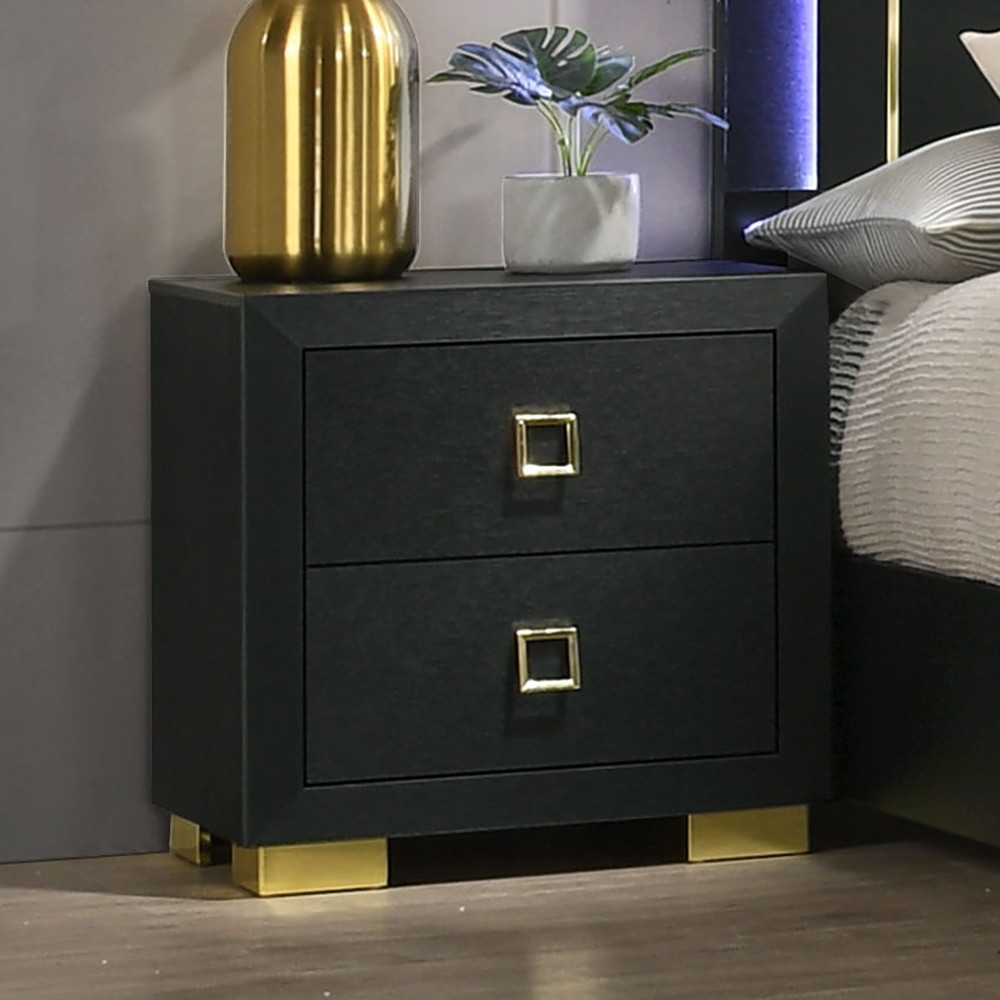Gorgeous Black 1pc Nightstand Square Pull Handle Metal Legs Bedside Table