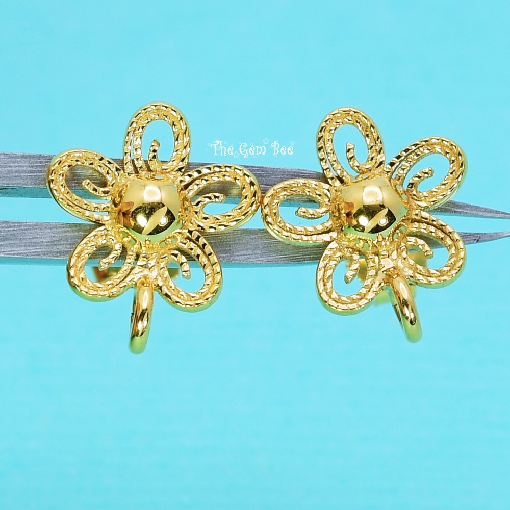 14k Solid Yellow Gold Filigree Fancy Flower Ear Posts With Backs PAIR