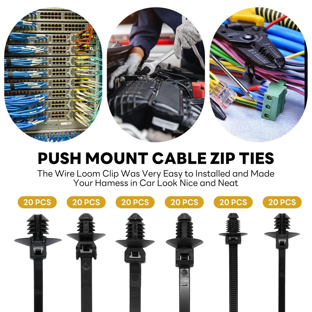 Semrien 120 Pcs Push Mount Cable Ties Assorted Sizes, Black Nylon