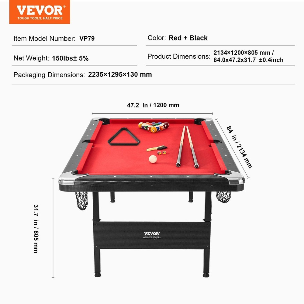 7ft Portable Foldable Billiards Table Black with Red Cloth Billiard Table Set