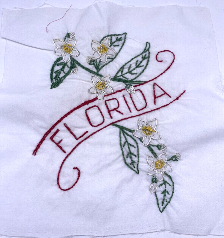 Florida Embroidered Quilted Square Frameable Art State Needlepoint Vtg 8.5"