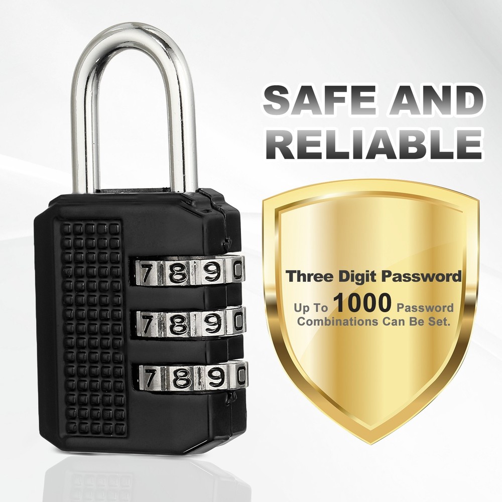 Combination Padlock (Medium, Black), 3-Digit Shackle Code Locks