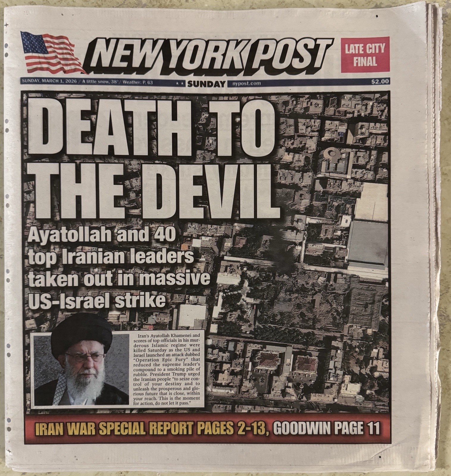 New York Post 3/1/26 Death To The Devil. Complete Newspaper