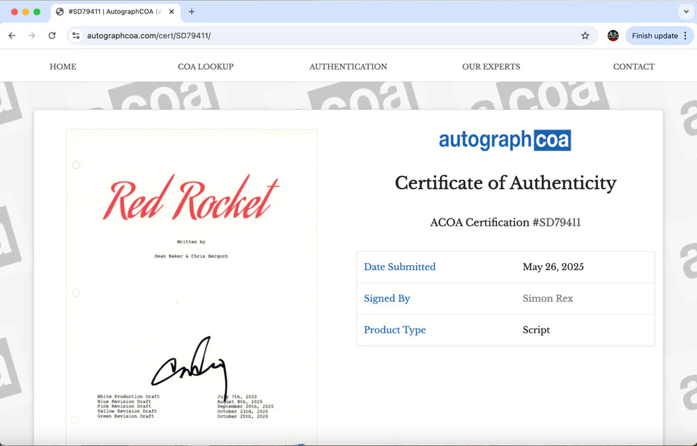 Simon Rex signed Red Rocket script full 104 pages ACOA Autograph COA