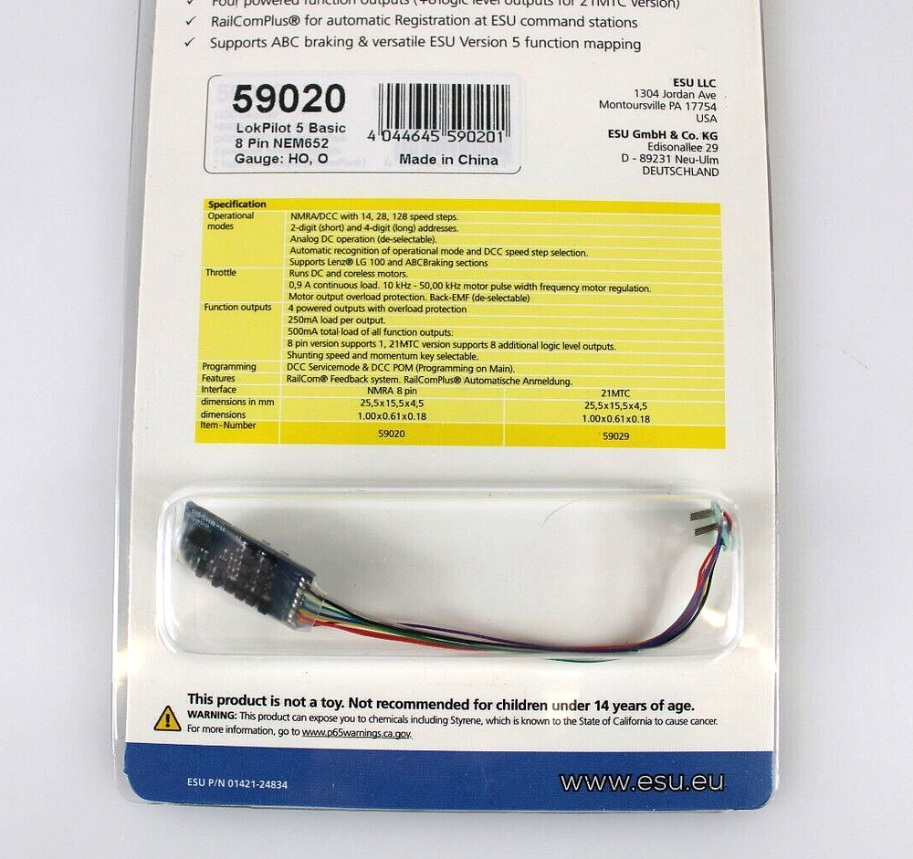 ESU 59020 LokPilot 5 Basic DCC Decoder 8 Pin Connector and Harness HO Scale