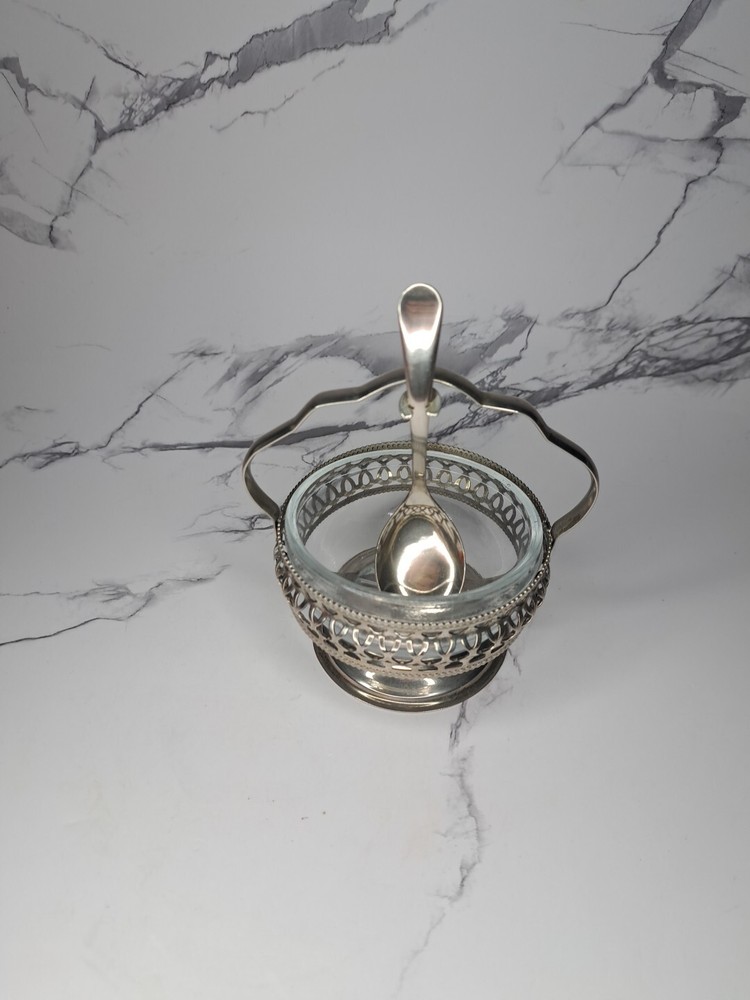 SHEFFIELD ENGLAND SILVER PLATE SUGAR BOWL & SUSPEND SPOON CLEAR GLASS INSERT