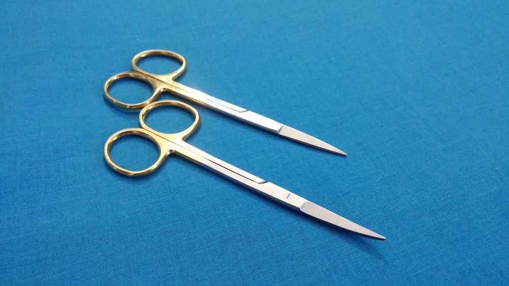 2 GOLD HANDLE ASSORTED IRIS MICRO DISSECTING SCISSORS STRAIGHT + CURVED 4.5"