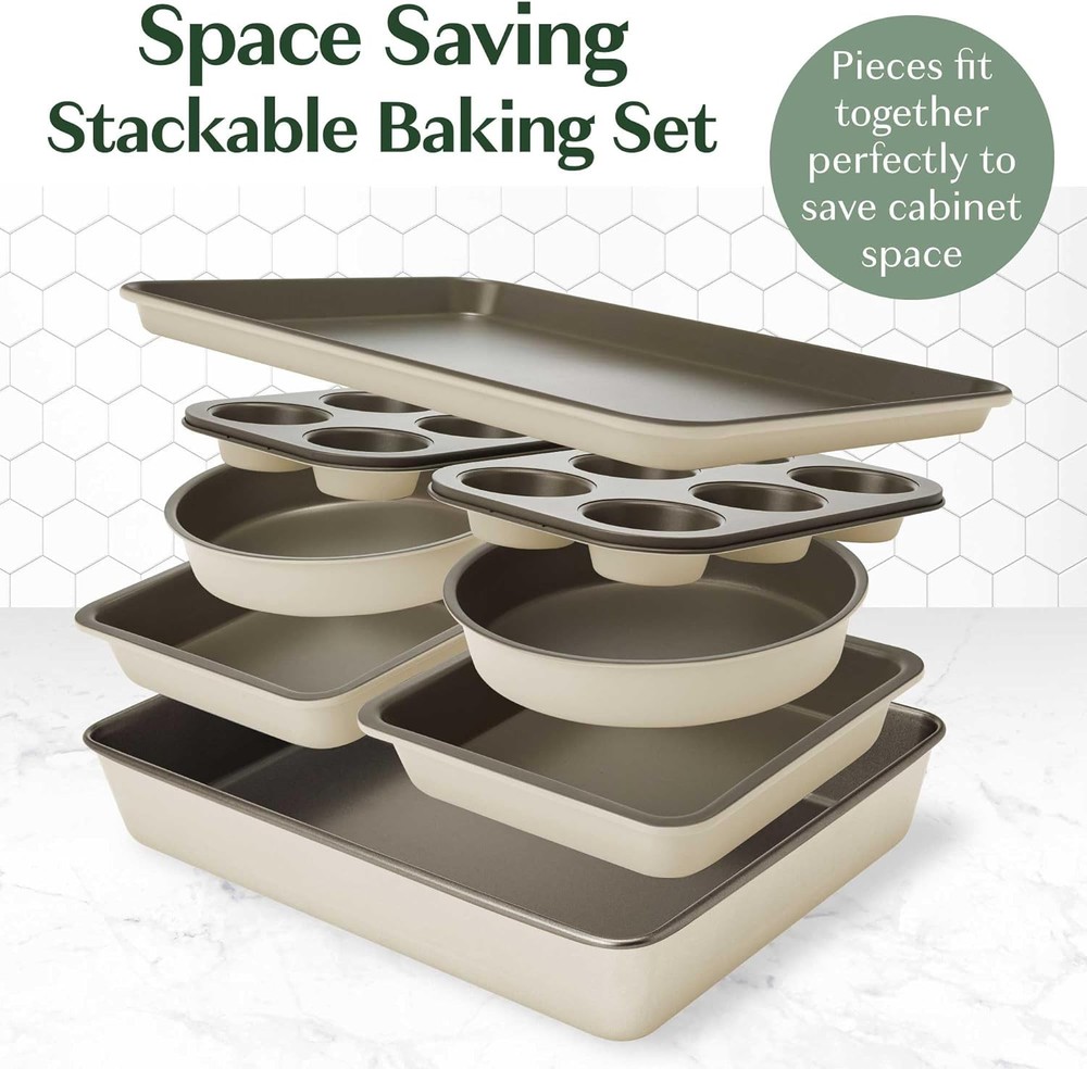 Goodful All-In-One Nonstick Bakeware Set, Stackable and Space 8-Piece, Linen