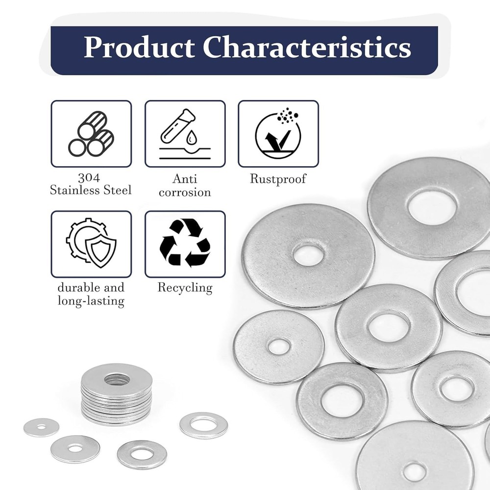 290Pcs Stainless Steel Flat Washers Assortment Kit