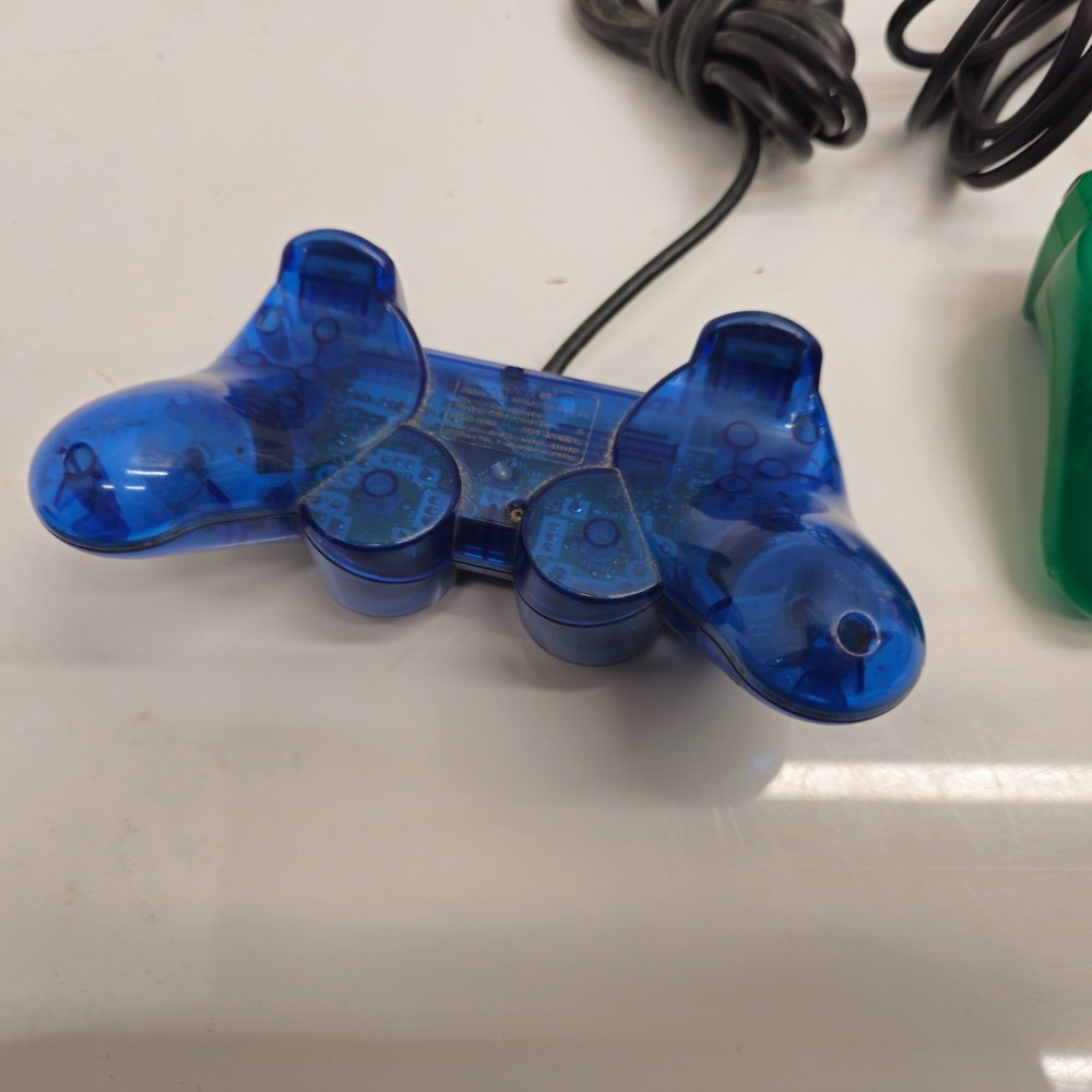 Sony SCPH-10010 Analog Controller Set Transparent Blue Green PS2 OEM Missing Cap