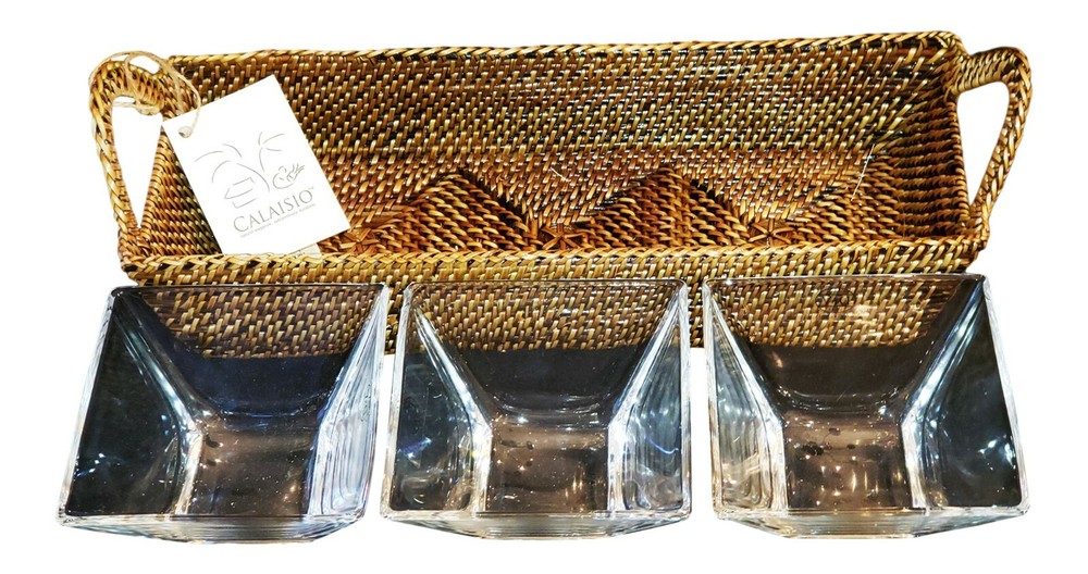 CALAISIO, RECTANGULAR 3 SECTION SERVING TRAY with 3 REMOVABLE GLASS INSERTS, NEW