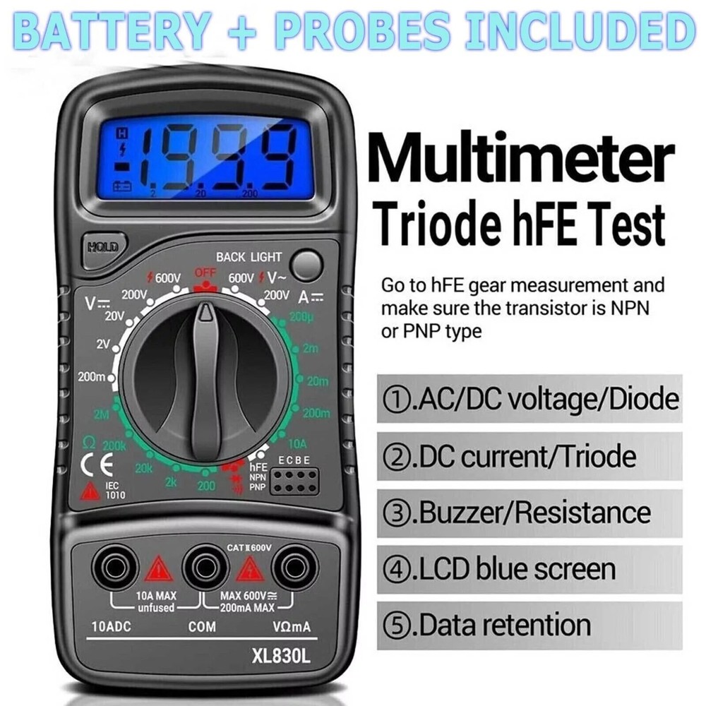LCD Digital Multimeter Voltmeter Ammeter Ohmmeter Volt AC DC Tester Leads Meter