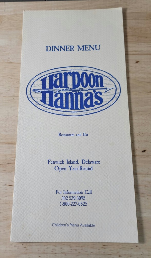 Vtg HARPOON HANNAS Restaurant DINNER MENU Folded Delaware