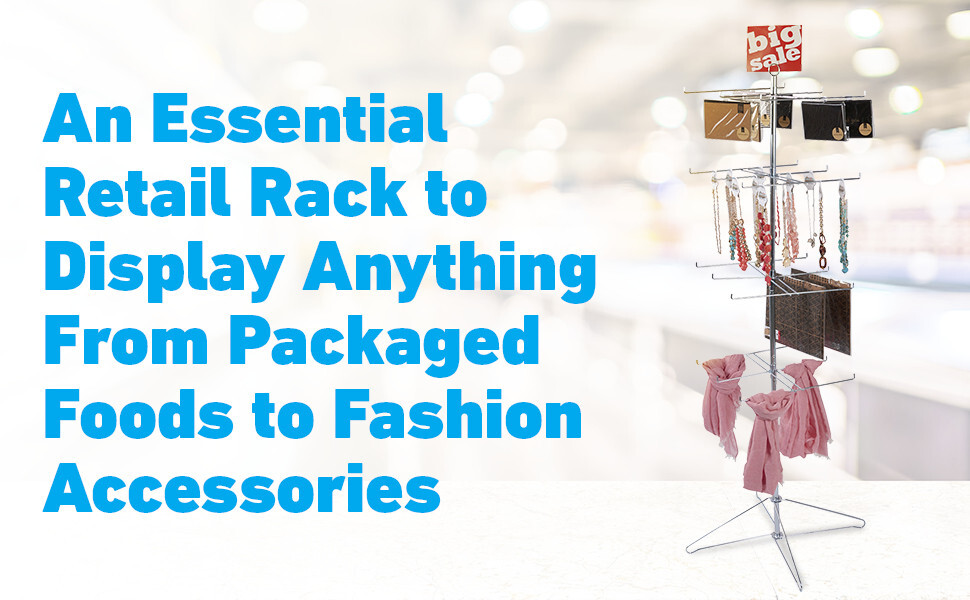 Wire Spinner Rack 4 Tier 24 Peg Rotating Chrome Floor Stand Capacity 50 lb 63 ½"