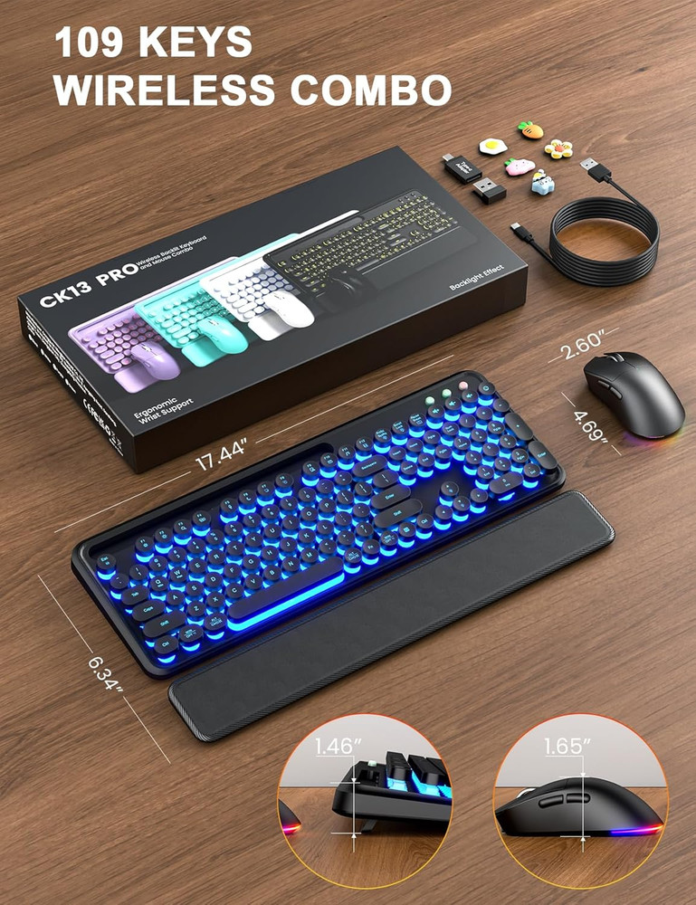Wireless Keyboard and Mouse Combo - Backlit Typewriter Keyboard with Magnetic Wr