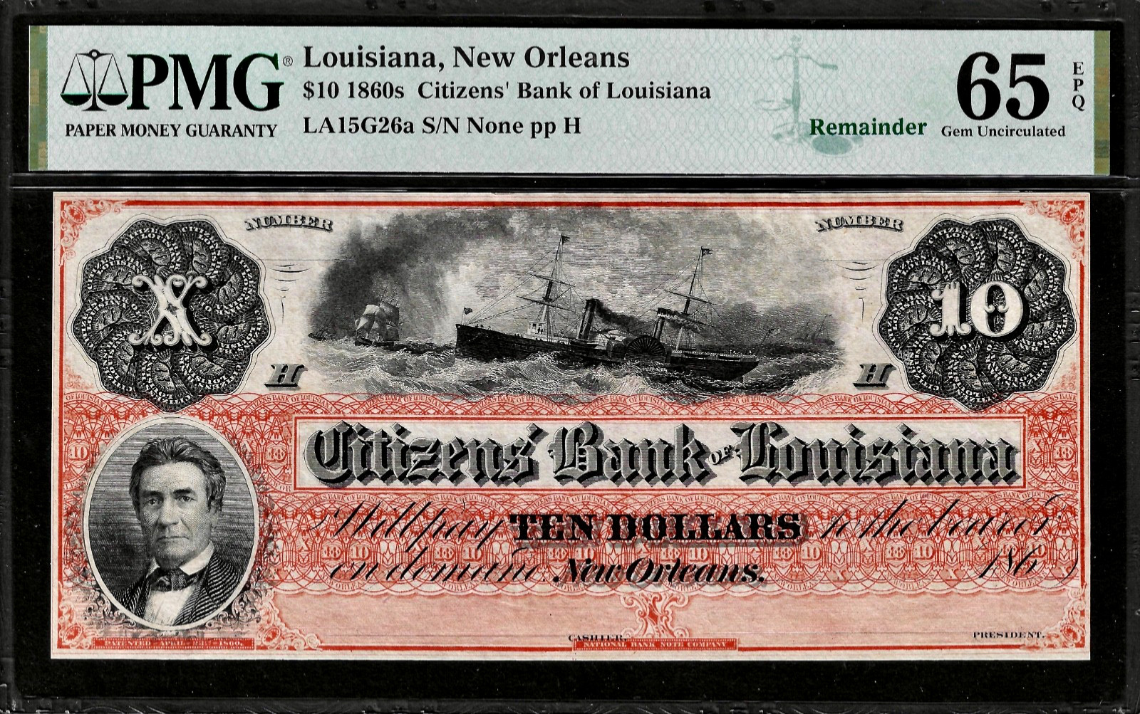 1860’s New Orleans Citizens Bank Louisiana $10 Obsolete “DIX” Banknote PMG 65EPQ