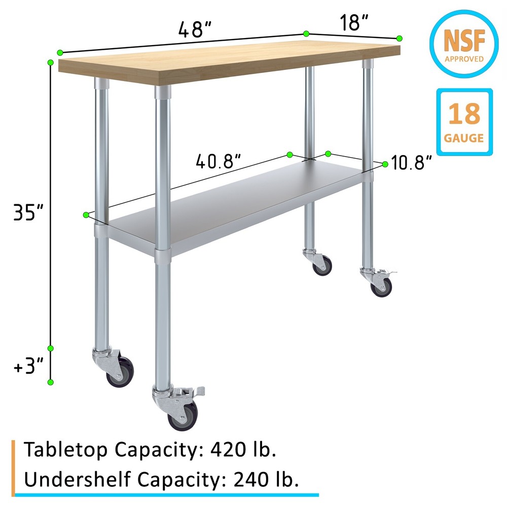 Heavy Duty Rolling Maple Wood Top Work Table with Wheels