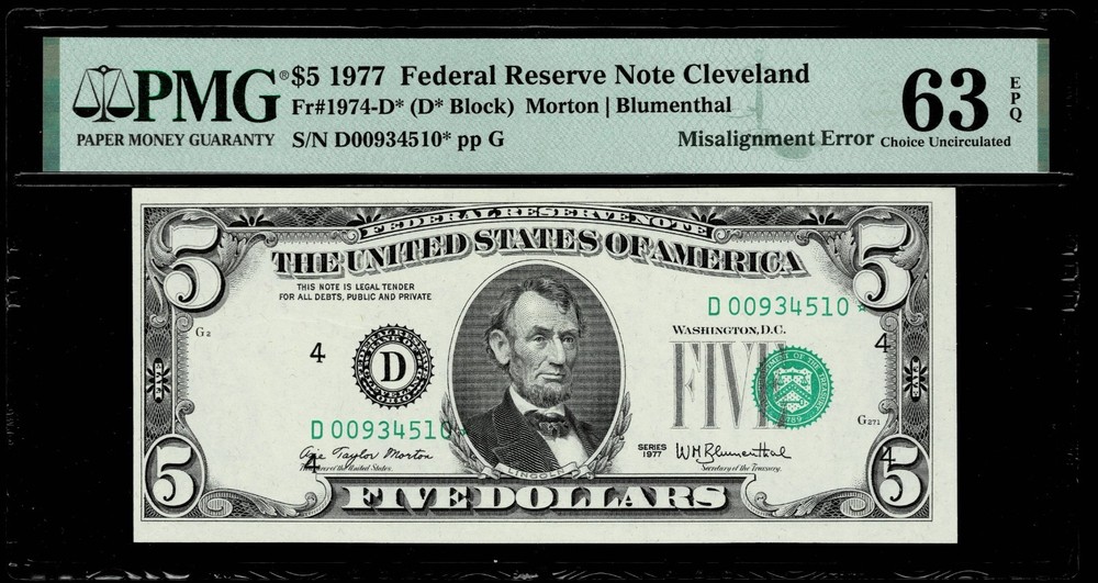 MISALIGNMENT ERROR $5 1977 FR NOTE  FR.#1974-D**STAR NOTE** PMG UNC 63 EPQ