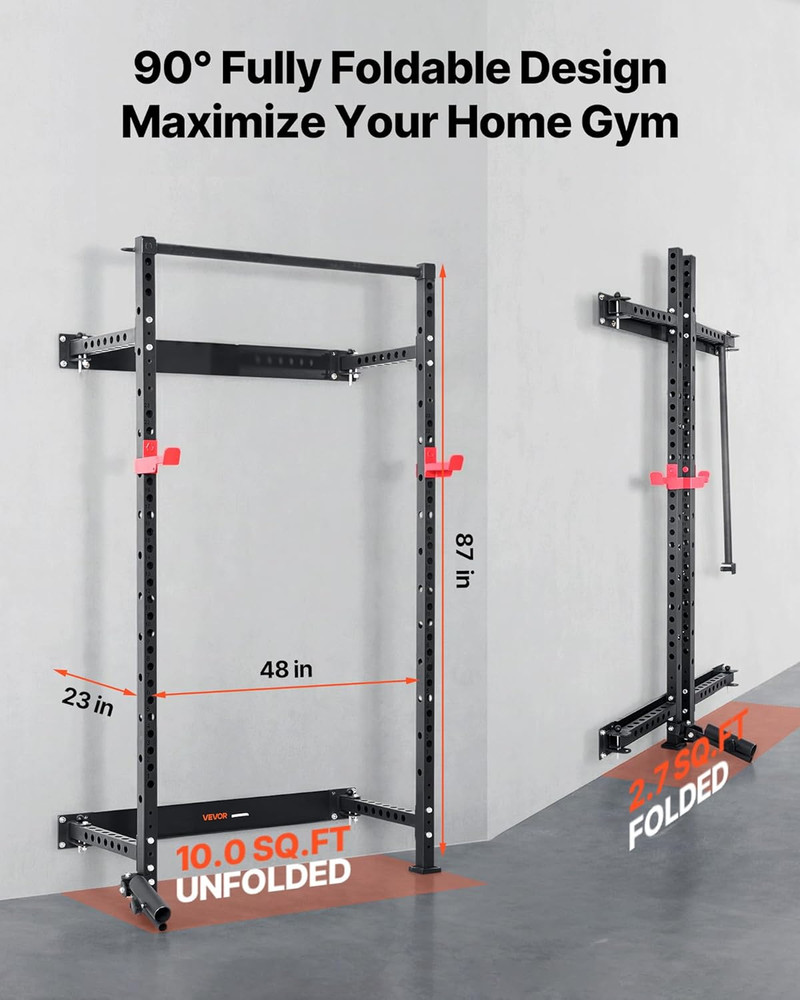 VEVOR Folding Power Cage, Wall-Mounted Power Rack Squat Rack, Multifunctional St