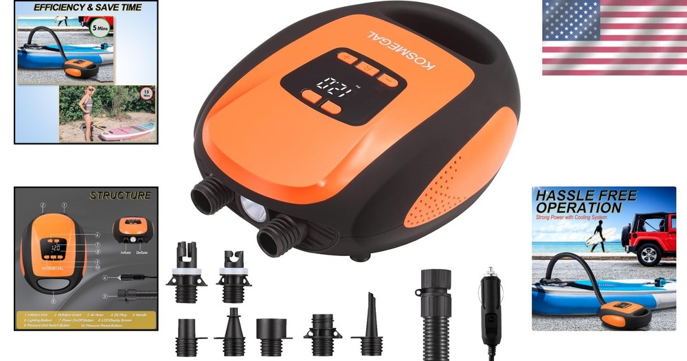 Compact Electric SUP Pump - Automatic Shutoff & Emergency Flashlight Included