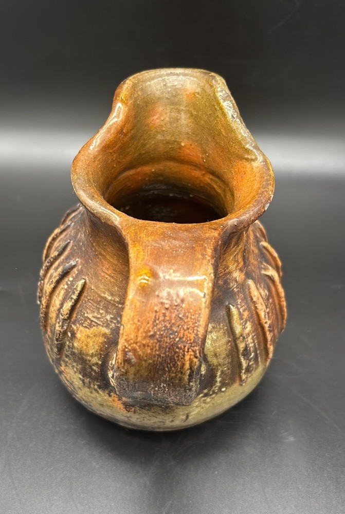 Rustic Primitive Glazed Pottery Small Jug Pitcher Raised Ridges 6”