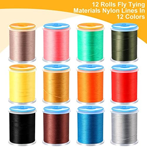 12 Roll Fly Tying Kit - 12 Color Thread, Elastic Wire, Nylon Materials for